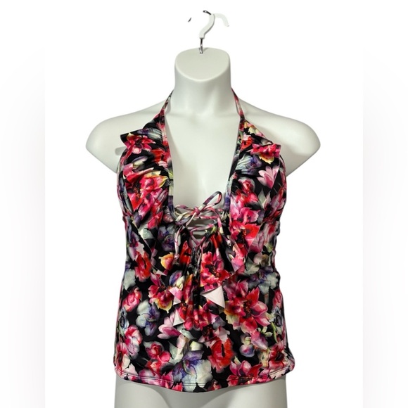 Aqua La Vie En Rose, Floral Halter Tankini Top, Size XL, Black, Pink - Picture 4 of 9